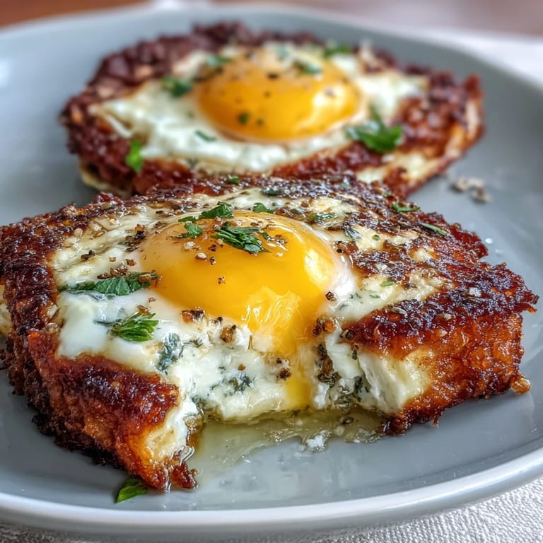 Easy Crispy Feta Fried Eggs topped with fresh herbs, ready to eat with crusty toast.