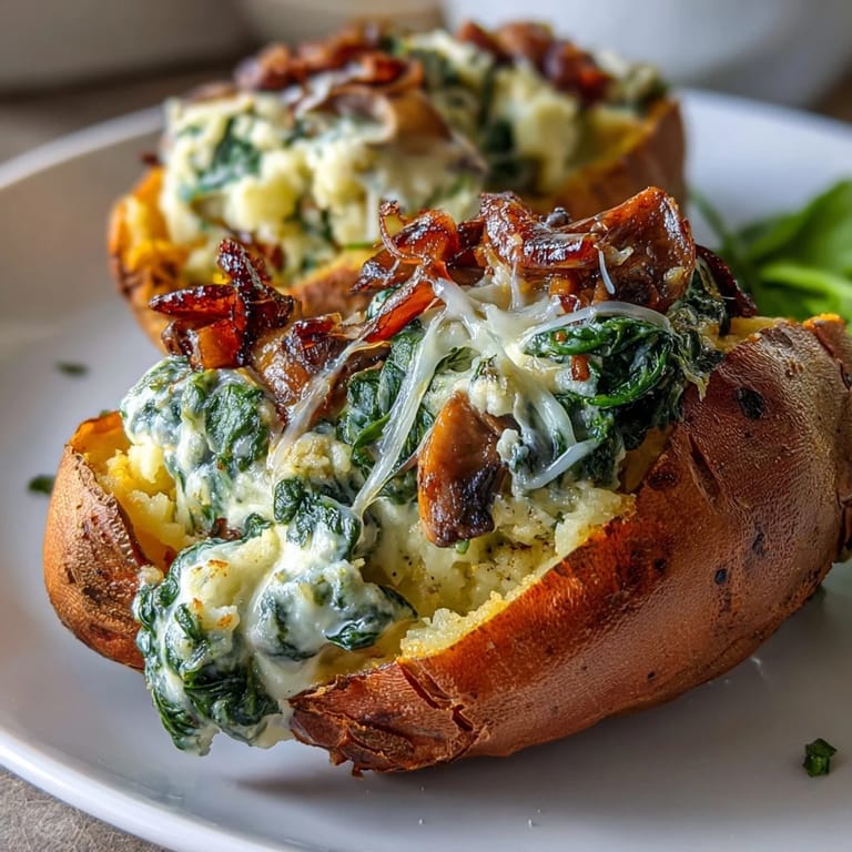 Two roasted Creamy Mushroom and Spinach Stuffed Sweet Potatoes on a plate, revealing a savory spinach and mushroom filling.