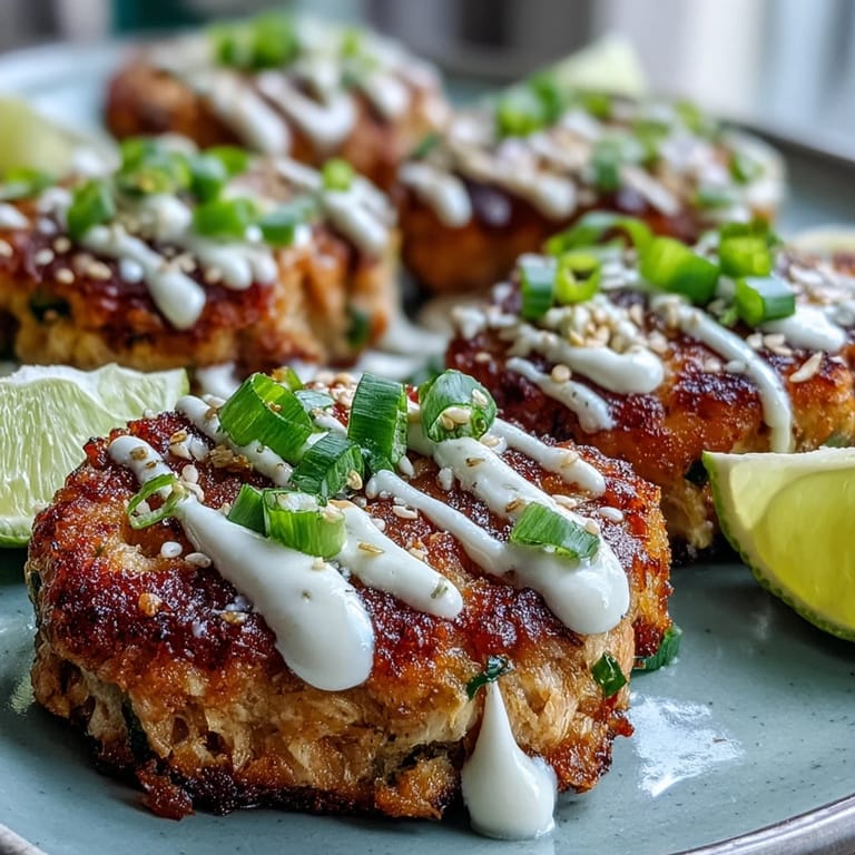 Freshly fried Asian-Style Tuna Cakes plated with a drizzle of creamy, fiery spicy mayo and lime wedges.