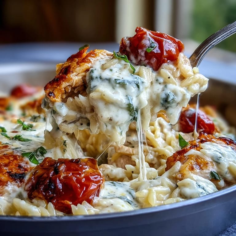 A close-up of One-Pan Creamy Chicken Lasagna Orzo showing ricotta dollops, melted mozzarella, and fresh spinach in a rich red sauce.