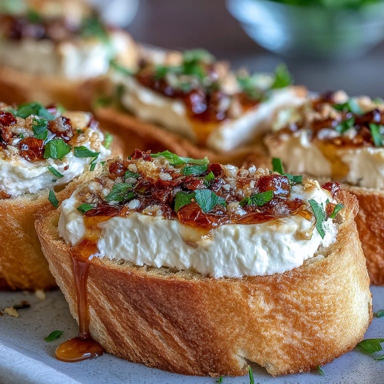 Toasted bread rounds with whipped cheese and red pepper flakes make the Hot Honey Goat Cheese Crostini perfect for parties.