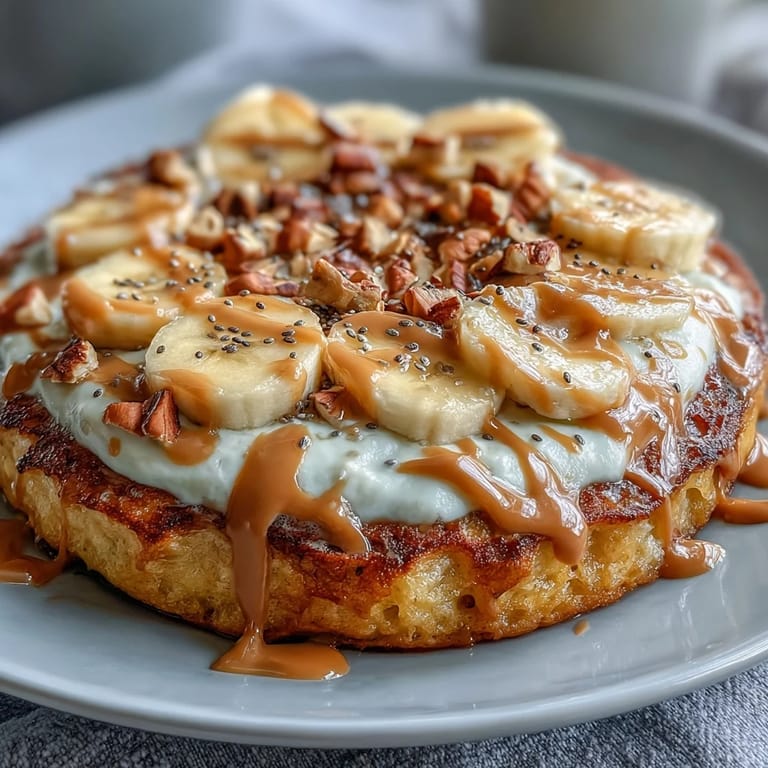 Freshly baked High-Protein Breakfast Pizza Bowl served warm, highlighting slices of ripe banana and a sprinkle of chia seeds on a high-protein pancake crust.