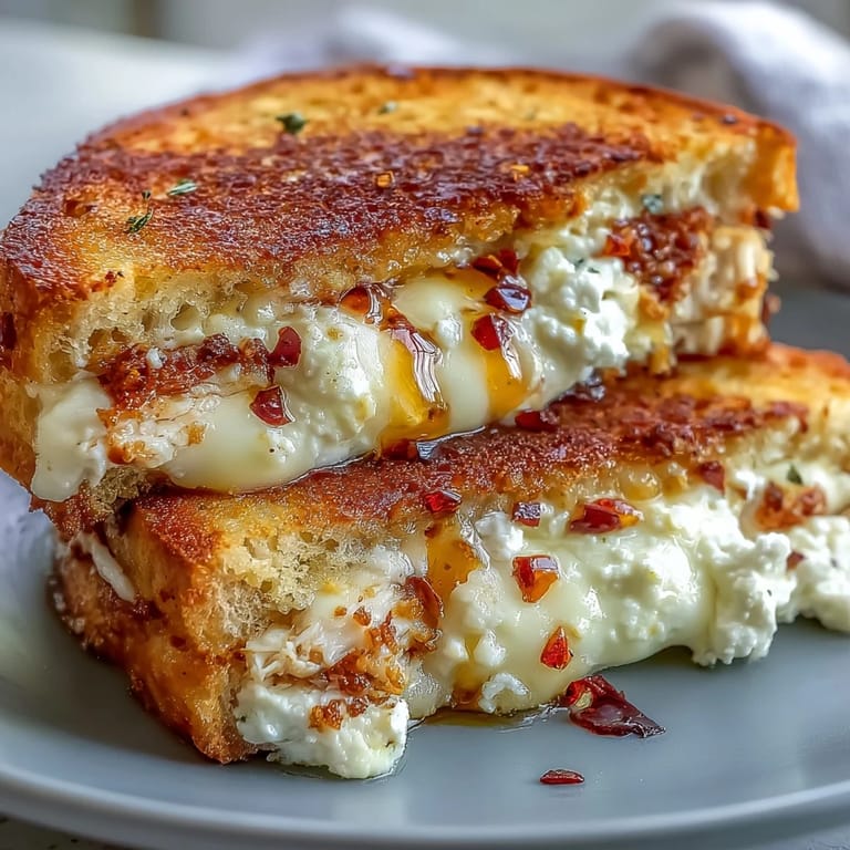 Fresh chili flakes and a honey drizzle garnish the crispy sourdough of a Goat Cheese & Hot Honey Chicken Grilled Cheese.