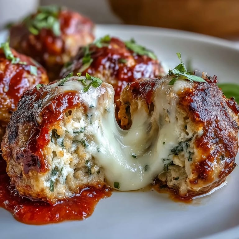 Fresh parsley garnish atop Baked Spicy Chicken Parm Meatballs served over spaghetti noodles.