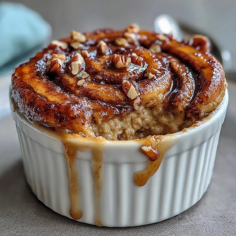 Golden brown Cinnamon Swirl Protein Banana Baked Oats revealing a gooey cinnamon center, resting on a rustic wooden board.