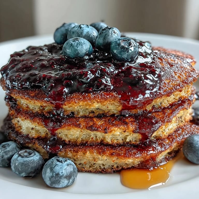 Freshly cooked High-Protein Greek Yogurt Pancakes with Blueberry Compote served warm on a rustic plate, garnished with chopped nuts.