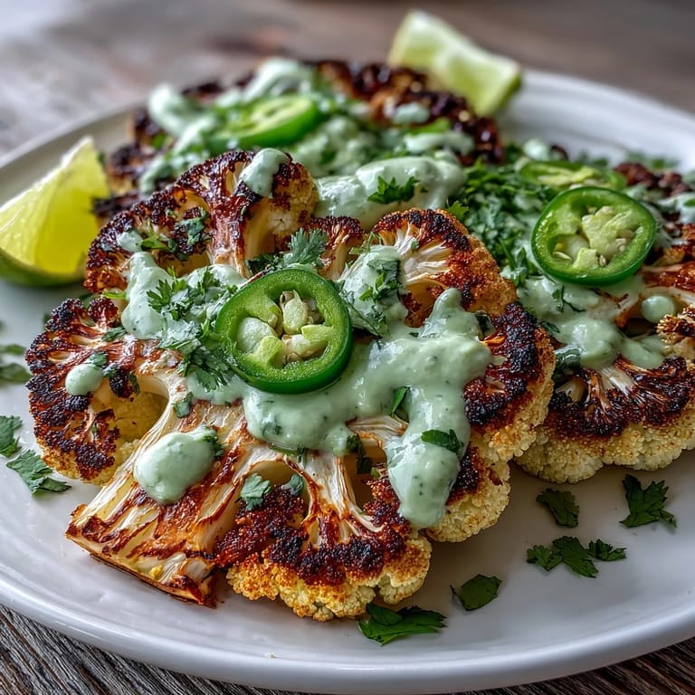 Sizzling Keto Chili Lime Cauliflower Steaks served with smooth avocado crema and lime on a ceramic dish.