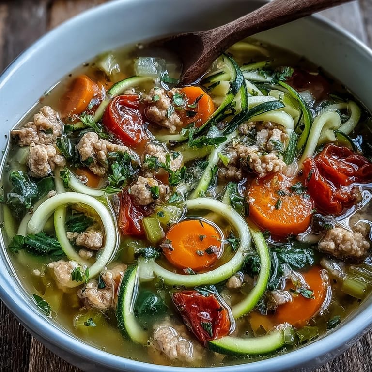 A close-up of hearty Turkey and Veggie Zucchini Noodle Soup with lean ground turkey and bright veggies.