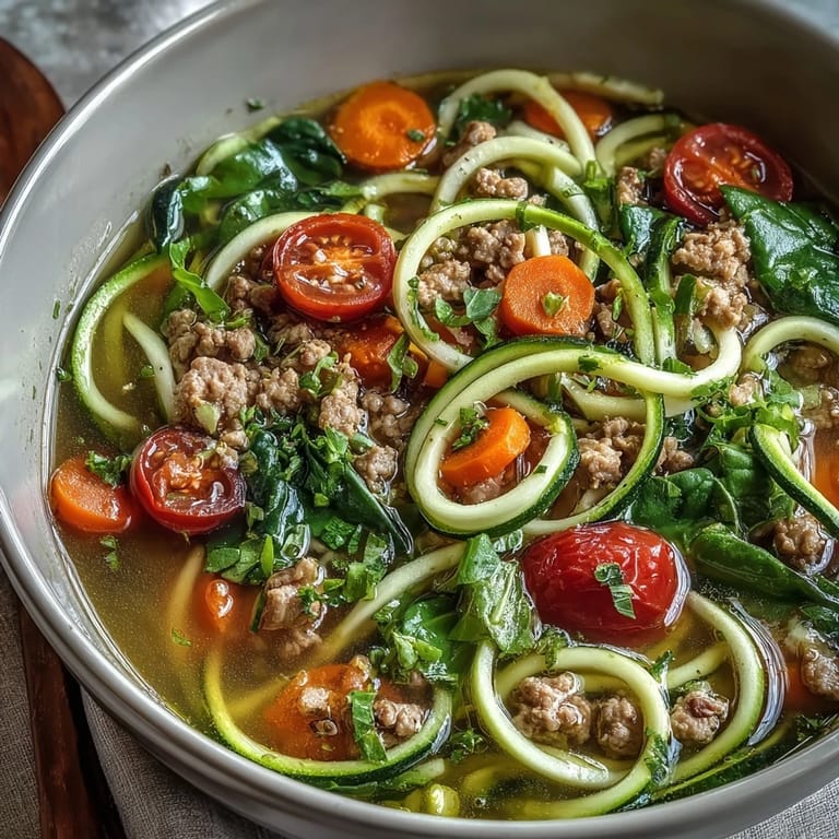 Garnished with fresh parsley, this Turkey and Veggie Zucchini Noodle Soup is a healthy low-carb dinner.