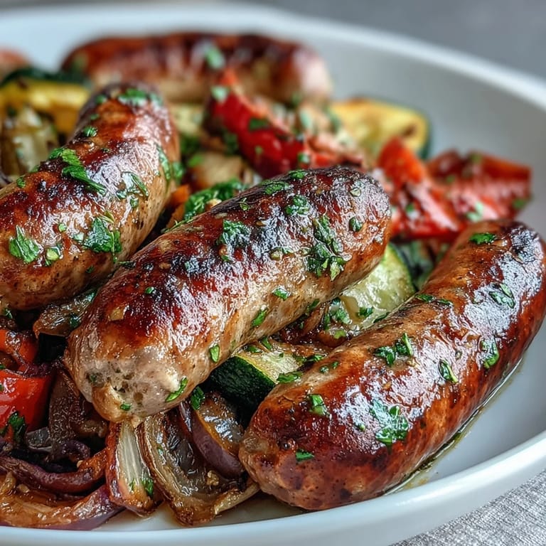 Sheet Pan Italian Sausage with Peppers and Zucchini garnished with fresh basil on a dark rustic table, perfect for dinner.