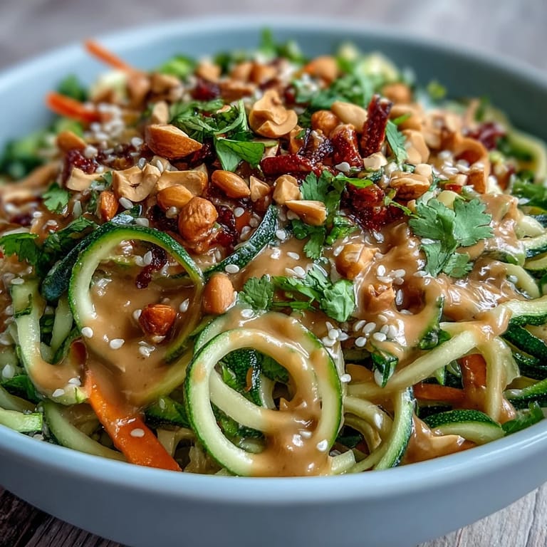 Colorful spiralized zucchini noodles tossed with crisp carrot and bell pepper ribbons in a tangy Thai peanut dressing, topped with fresh herbs.