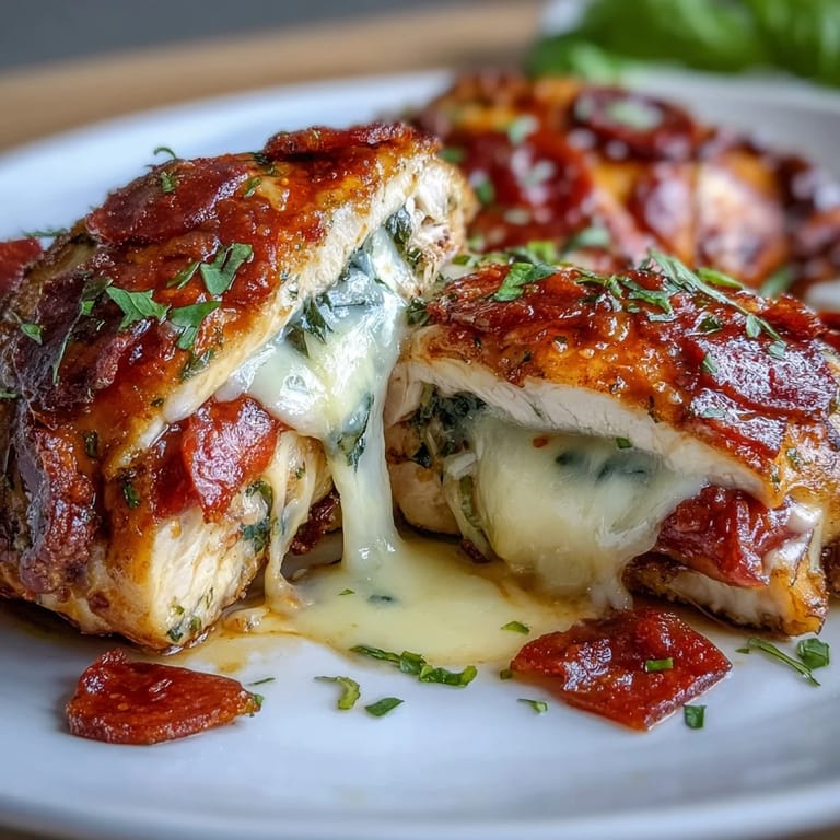 Juicy chicken breasts stuffed with classic pizza flavors, topped with melted mozzarella and Parmesan, baked in a skillet for a low-carb dinner.  