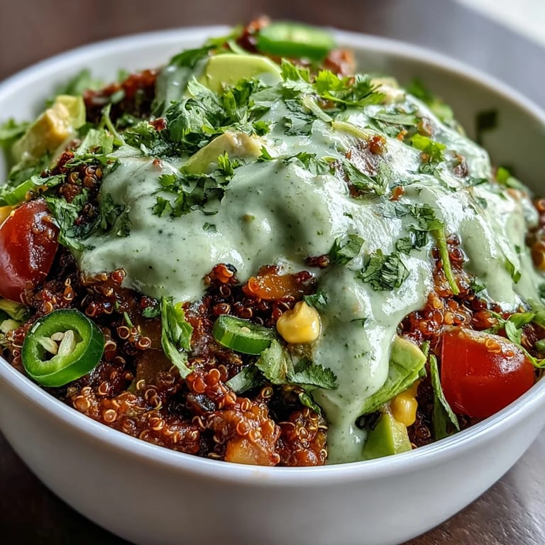 Flavorful lentil and quinoa taco filling served in bowls with zesty avocado lime crema, cherry tomatoes, and jalapeño slices.