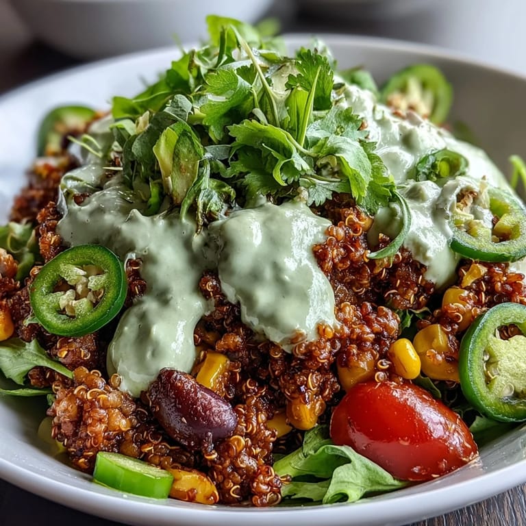 A hearty vegan bowl featuring spiced lentil-quinoa taco meat, creamy avocado lime crema, and colorful fresh toppings.  