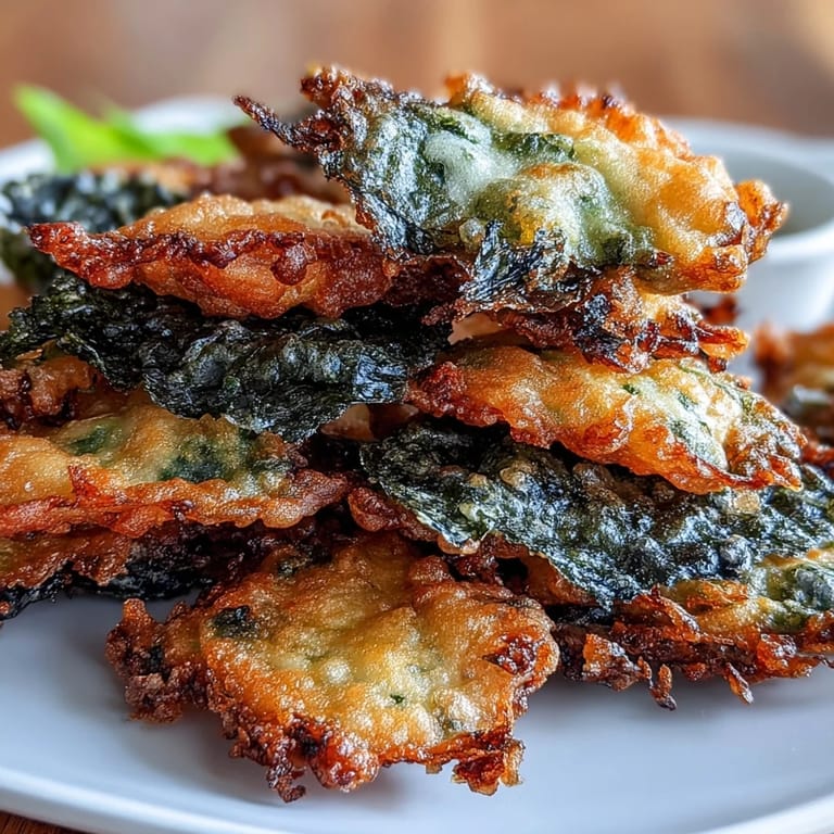 Japanese-style seaweed tempura, featuring delicate nori sheets in a crisp tempura coating, ideal as an appetizer.