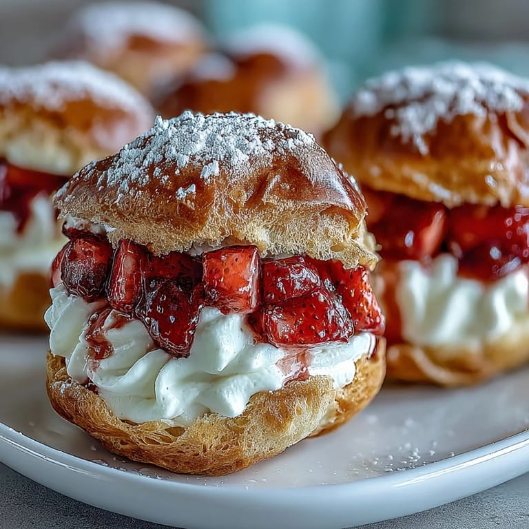 Golden baked cream puffs bursting with fresh strawberry cream filling, perfect for Valentine's Day or special celebrations.