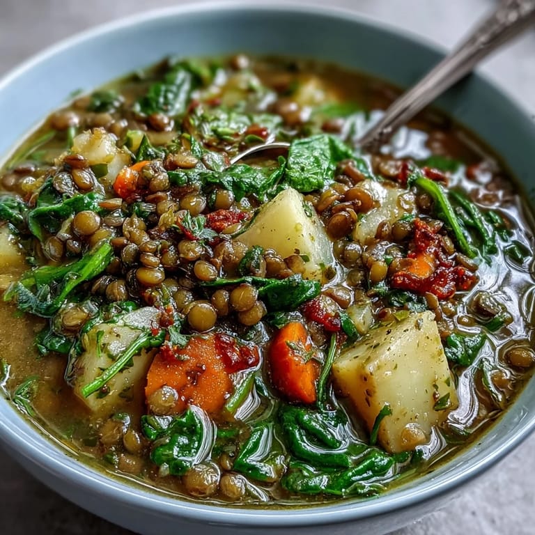 Hearty vegetarian Little Sprout Green Lentil Stew loaded with carrots, potatoes, and aromatic spices for a nourishing, comforting meal.  