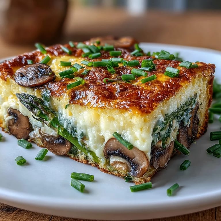 Savory asparagus and mushroom frittata served over buttery sourdough crust, perfect for a hearty vegetarian brunch or dinner.