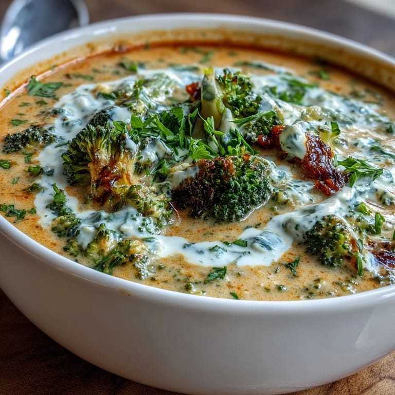 Velvety broccoli cheddar soup made lighter with Greek yogurt, garnished with a dollop of yogurt and fresh herbs.  