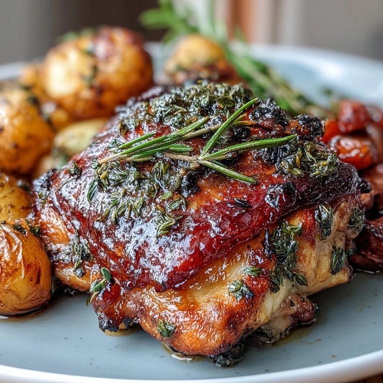 Juicy bone-in chicken thighs nestled among tender baby potatoes and sweet carrots, seasoned with fresh rosemary and thyme in a vibrant one-pan meal.  