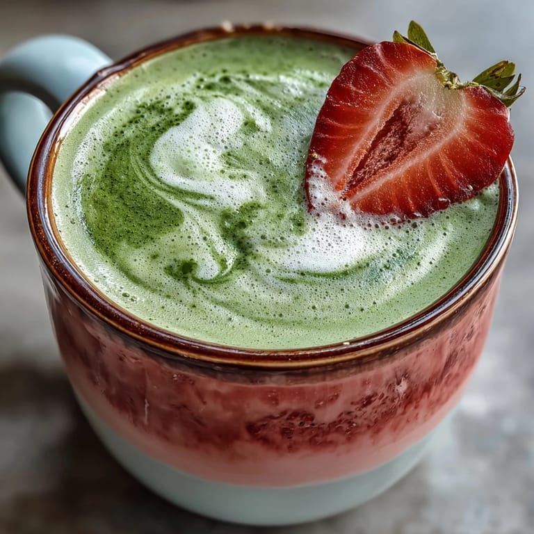 Layered strawberry matcha latte with frothy milk and earthy green tea, garnished with fresh strawberry slices for a comforting drink.