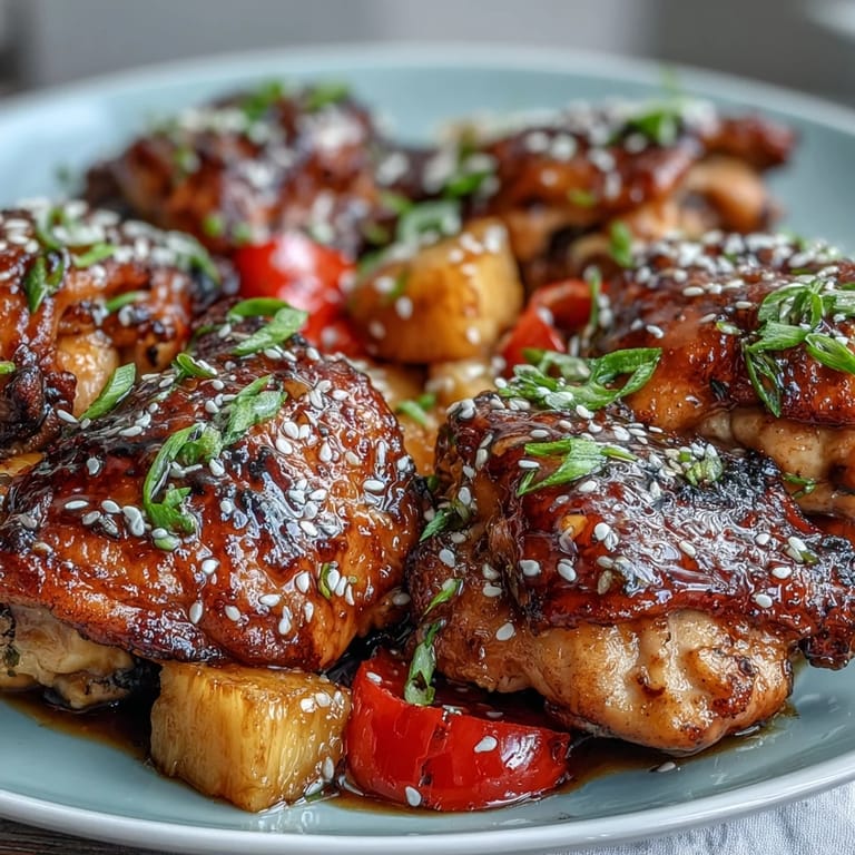 Flavorful honey garlic chicken skillet with seared thighs, sweet pineapple, and crisp bell peppers, all glazed to perfection in a sticky, aromatic sauce.