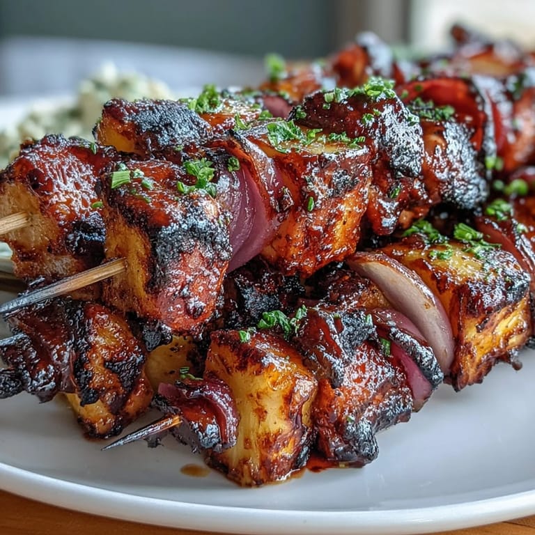 Colorful kebabs featuring BBQ-glazed chicken, juicy pineapple, and red onion, grilled until slightly charred and bursting with flavor.