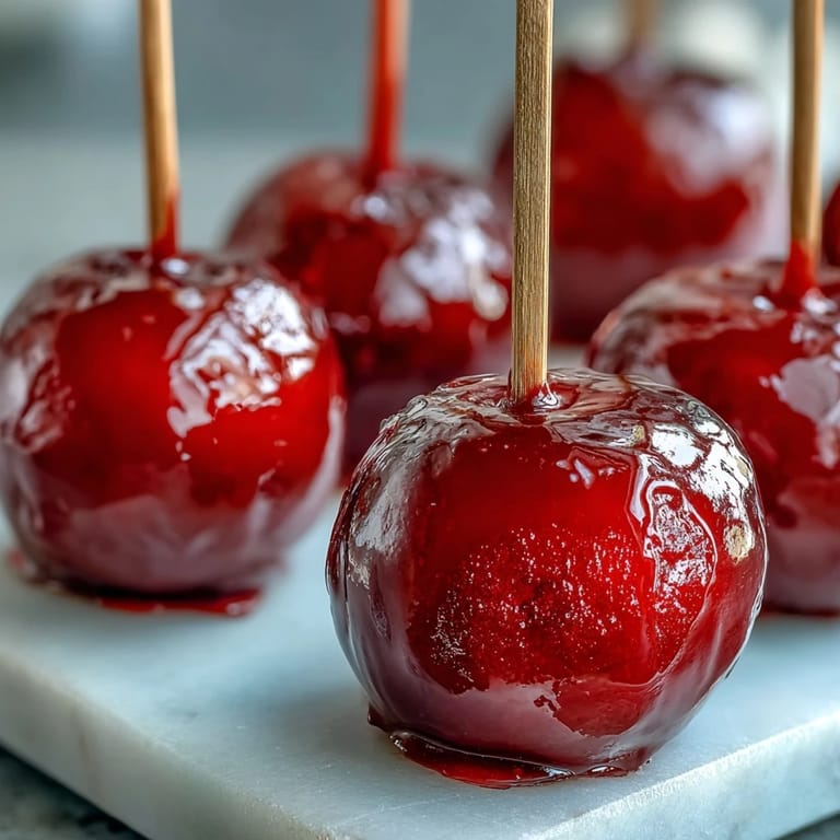 Glossy mini candy apples with shiny hard shells, served on wooden sticks for fun, easy snacking.