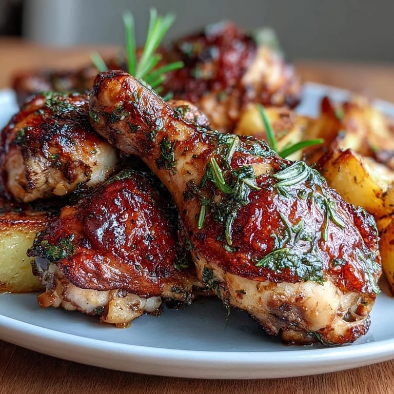Golden chicken drumsticks and tender potatoes with carrots, seasoned with herbs for a hearty, one-pan meal.