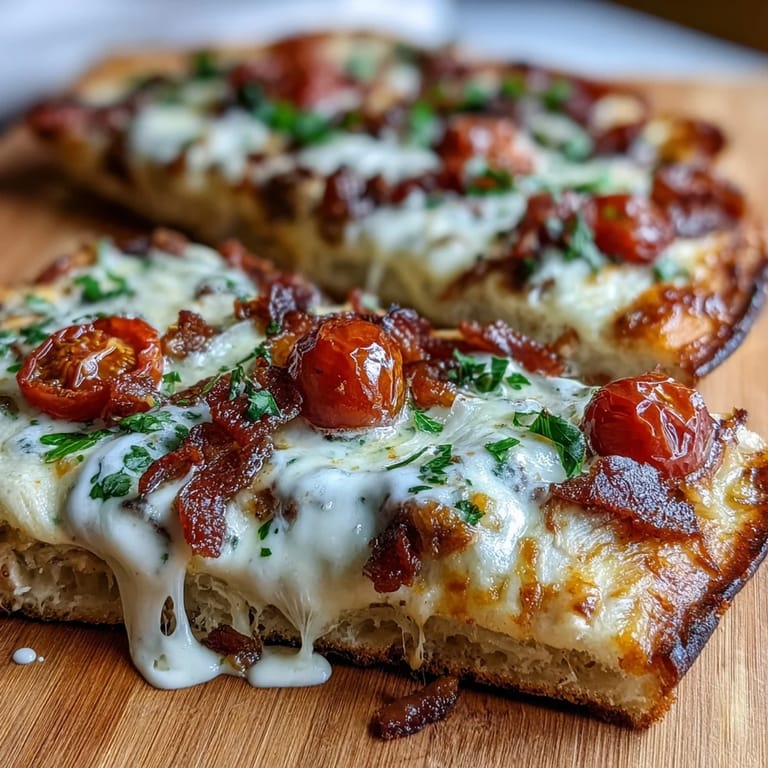 Golden flatbread topped with roasted turkey, cherry tomatoes, crispy bacon, and melted cheese, drizzled with rich Mornay sauce.