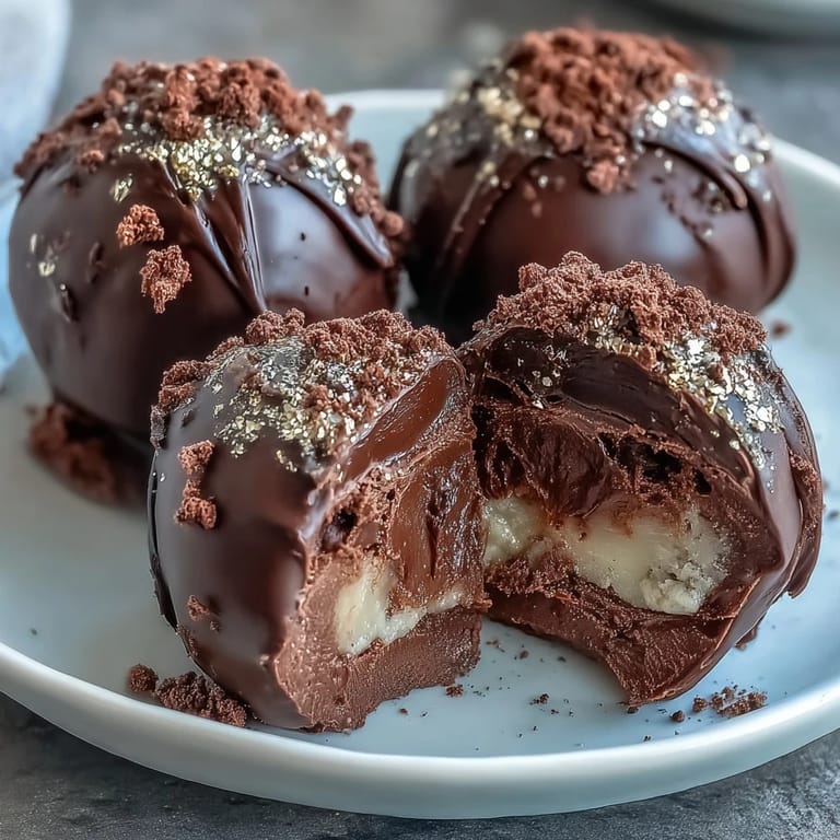 Elegant chocolate truffles with a creamy strawberry center, enrobed in dark chocolate and finished with edible gold for a luxurious treat.