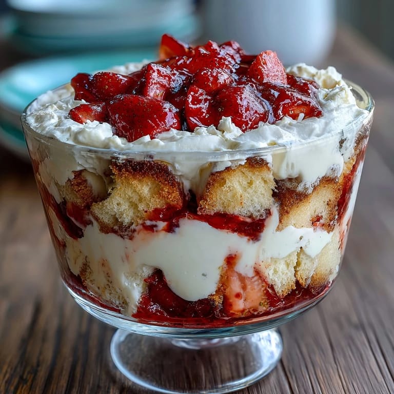 Elegant trifle bowl filled with strawberry shortcake layers, juicy berries, and fluffy whipped cream topping.