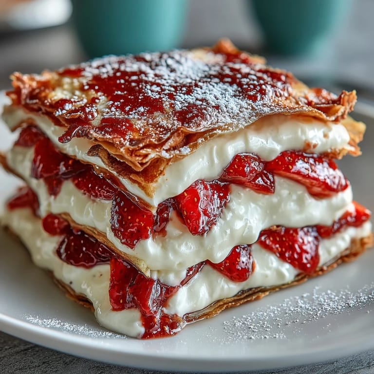 Elegant strawberry crepe cake featuring delicate crepes stacked with sweet vanilla cream and juicy strawberries, dusted with powdered sugar.
