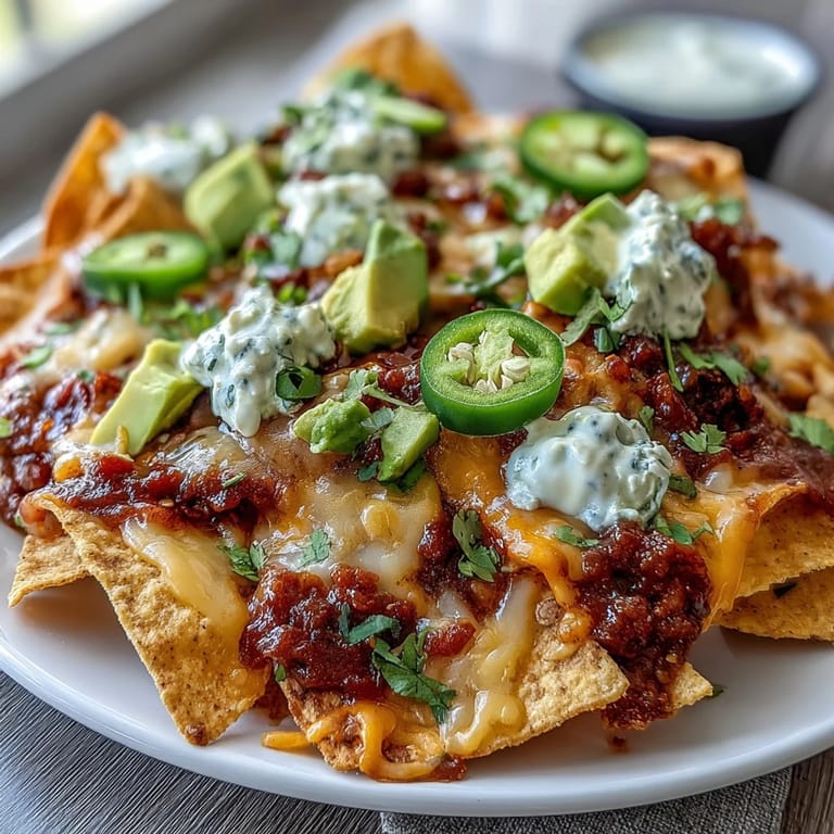Cheesy Tex-Mex nachos with smooth cheese sauce, jalapeños, avocado, and tangy sour cream.  