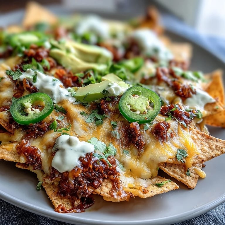 Hearty nachos loaded with melted cheese sauce, diced tomatoes, onions, and zesty cilantro for sharing.