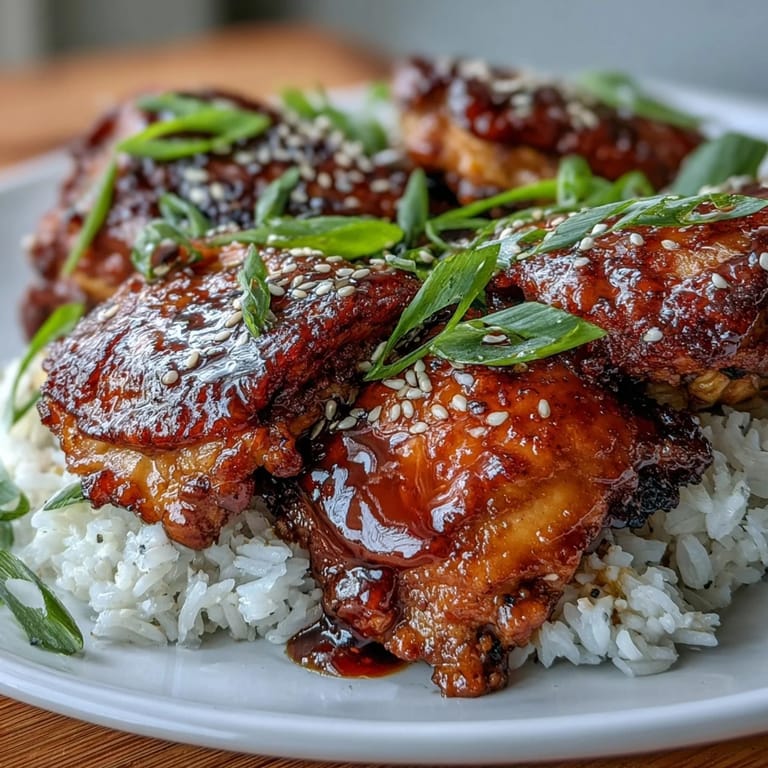 Tender chicken simmered in honey garlic sauce, served with rice and garnished with green onions and sesame seeds.  