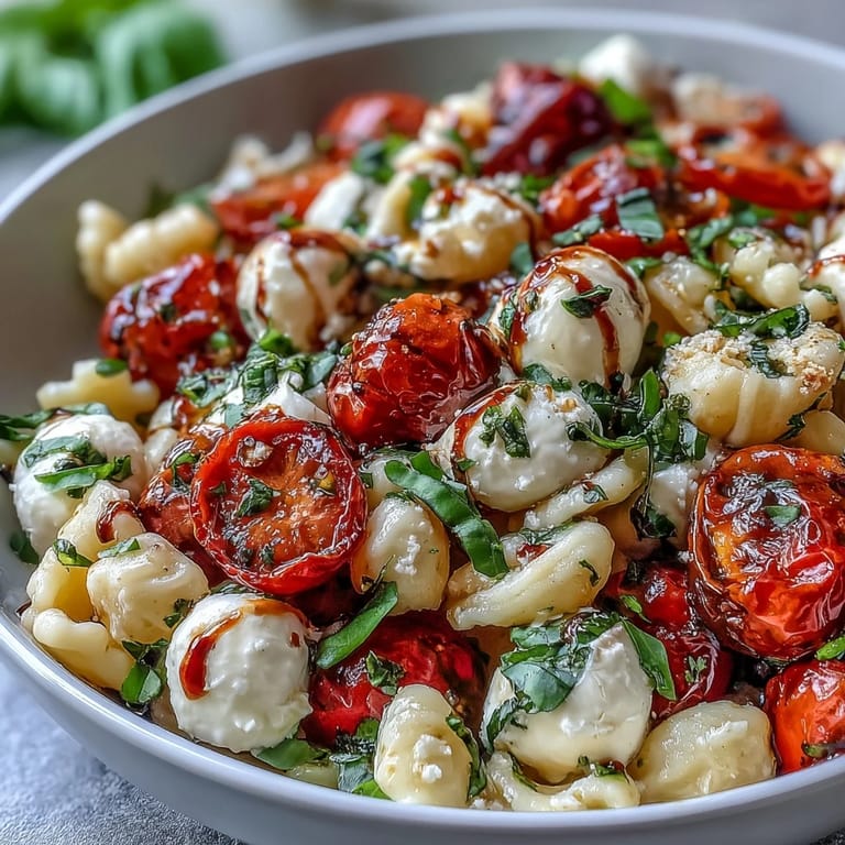 Fresh, light pasta salad with ripe cherry tomatoes, soft mozzarella, and bright basil, ideal for picnics or summer gatherings.