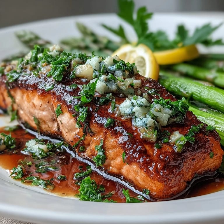 Tender salmon cooked in a golden garlic butter sauce, paired with bright asparagus spears for a fresh and flavorful spring meal.