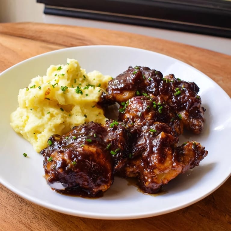 A plate of flavorful honey BBQ chicken thighs, complemented by comforting garlic mashed potatoes, perfect for dinner.