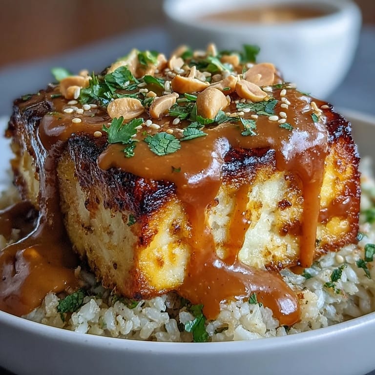 Crispy tofu served on brown rice with colorful veggies, herbs, and a savory peanut sauce for a vegan, plant-based meal.