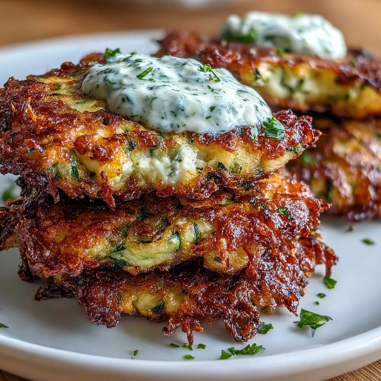 Crispy zucchini fritters packed with feta and herbs, accompanied by a refreshing yogurt mint dipping sauce for a vegetarian snack.