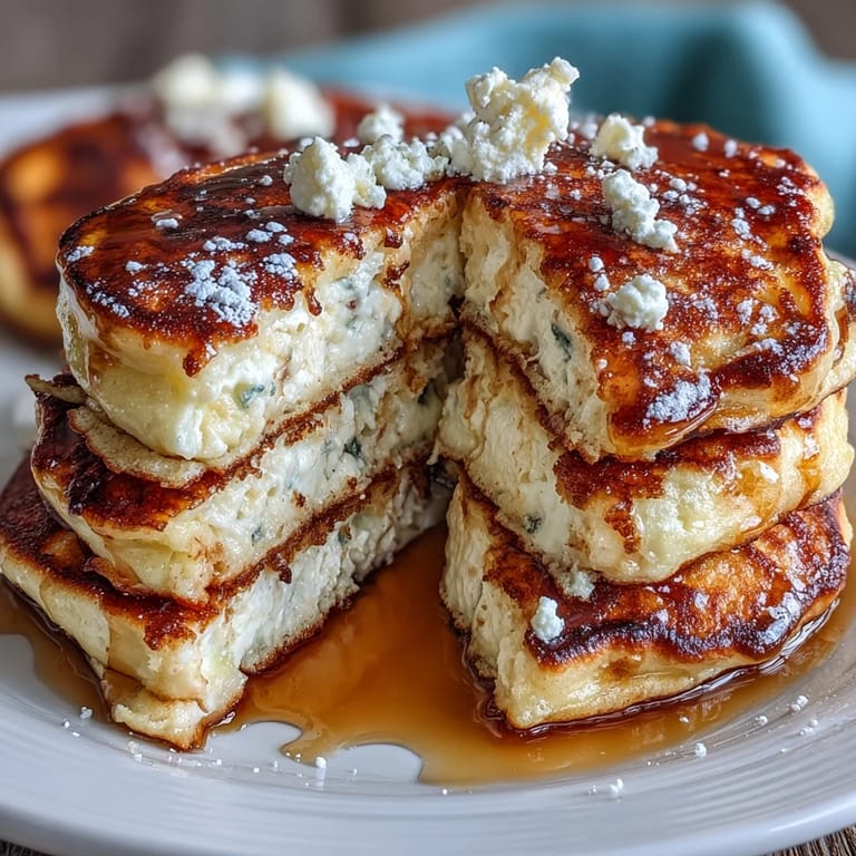 Stack of extra-light ricotta pancakes bursting with lemon zest, served with a drizzle of maple syrup.  