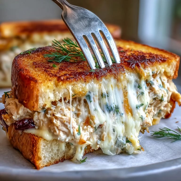 Classic tuna melt with creamy salad, melted cheese, and crunchy pickles in toasted bread.