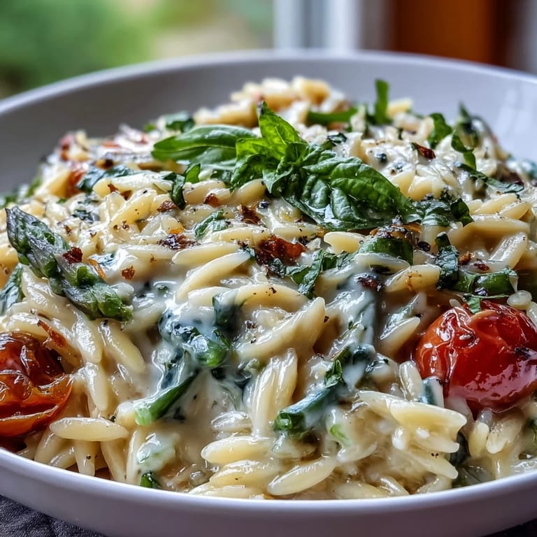 Colorful spring orzo primavera loaded with zucchini, cherry tomatoes, and fresh basil for a seasonal pasta dish.