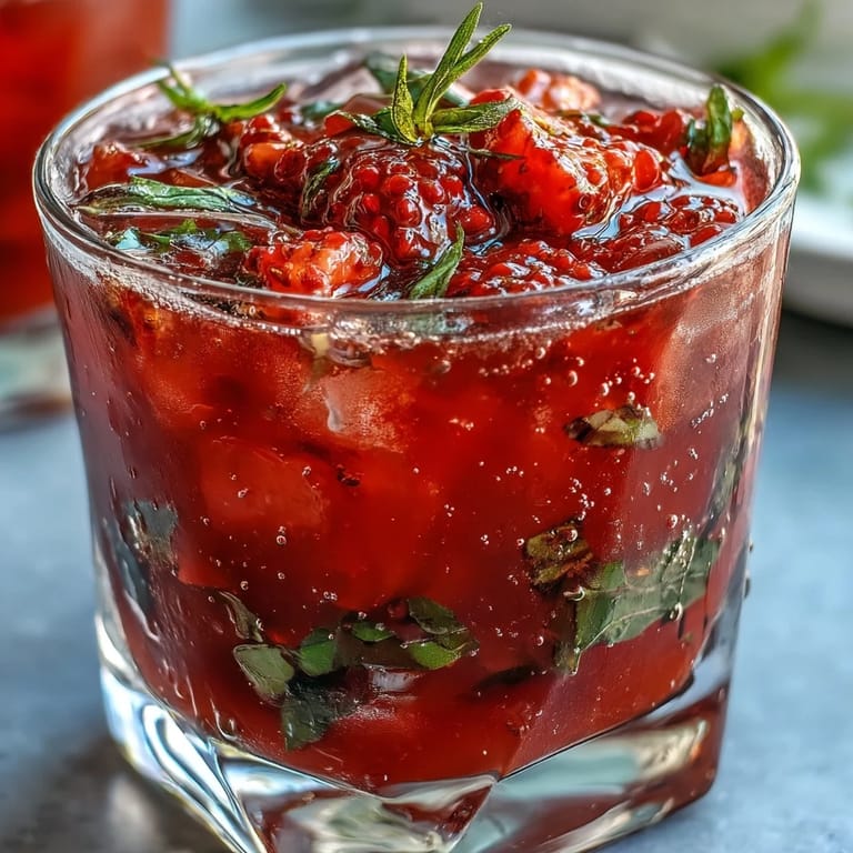 Sparkling strawberry basil mocktail served over ice with bright red berries and green basil leaves, ideal for healthy celebrations.