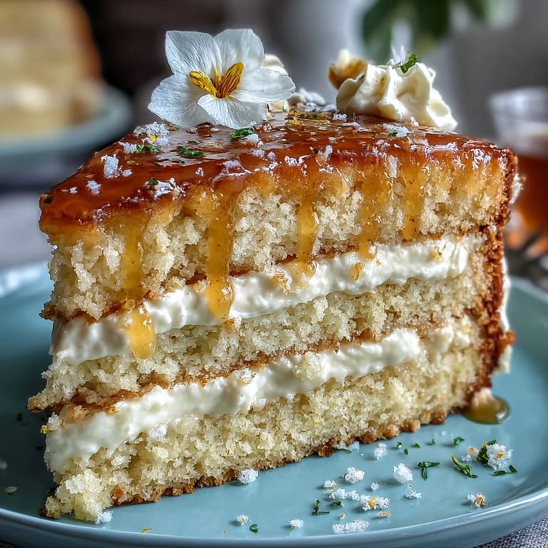 A delightful slice of Mother's Day Lemon Curd Layer Cake with colorful blooms.
