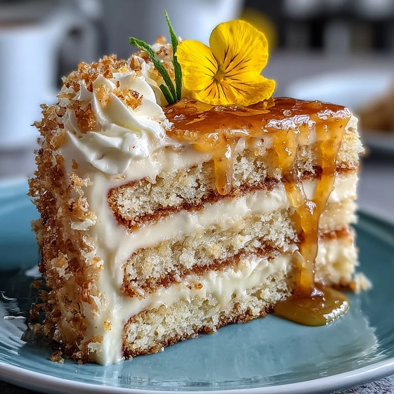 Luscious lemon curd cake, frosted white, showcasing vibrant edible flower blossoms.