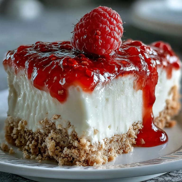 Perfect Mother's Day No-Bake Cheesecake, artfully drizzled with sweet, homemade raspberry sauce.