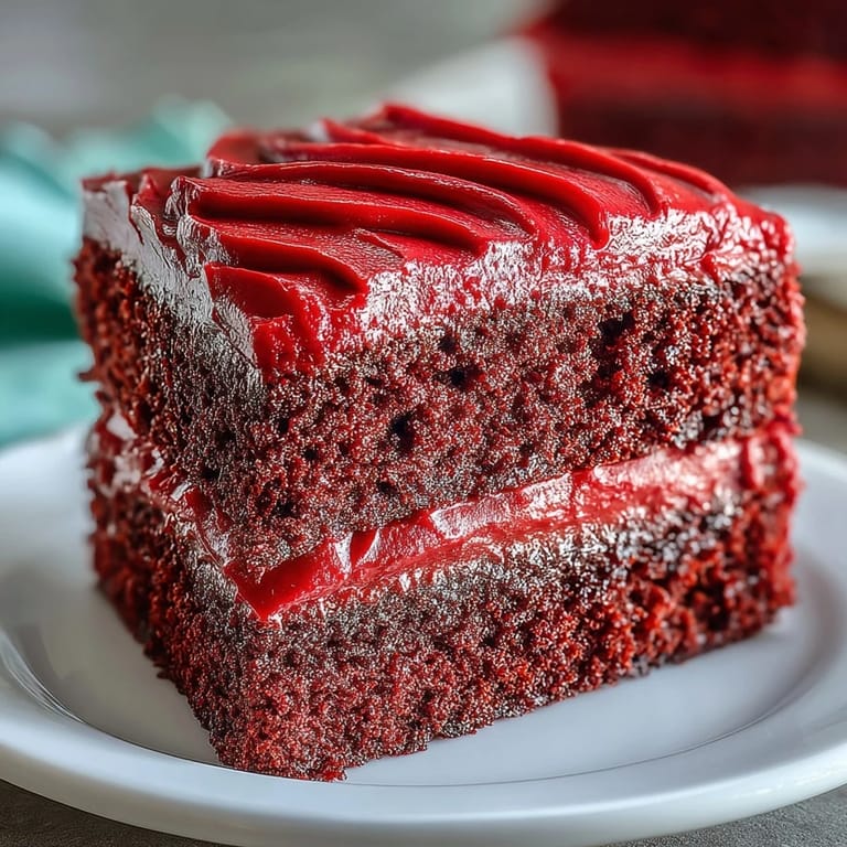 A celebratory slice of Juneteenth Red Velvet Cake, showcasing its deep red layers and frosting.
