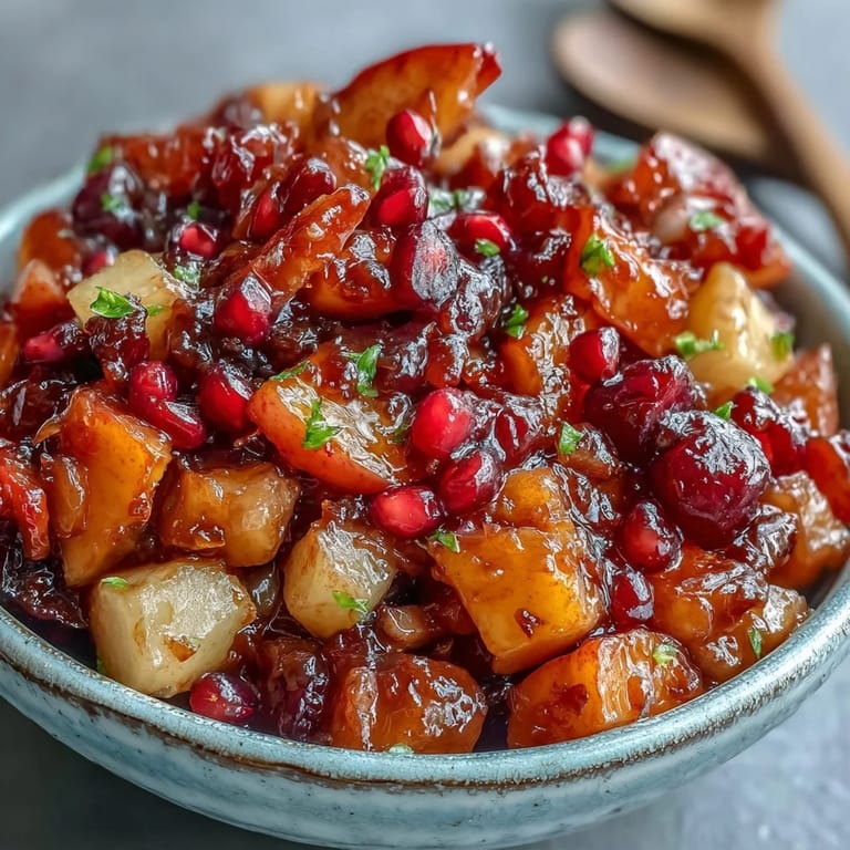 Beautifully simmered ginger fruit compote served warm, a delightful sweet and spicy dessert.
